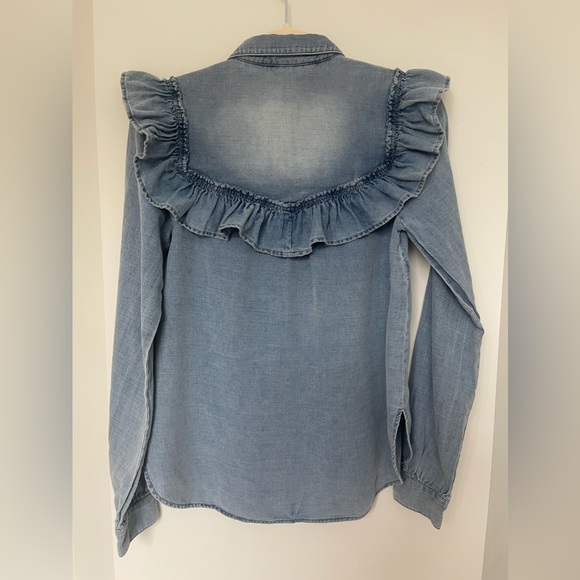 Anthropologie Pilcro Ruffle Button Up Chambray Shirt - Blue - Size XS - Cotton - Picture 6 of 9
